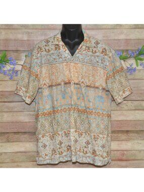 Zara Man Size L Patchwork Print Boho Button Up Camp Collar Shirt Vacation Resort
